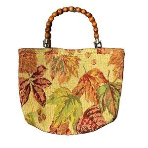 Women's Vintage Tapestry Handbag Leaf Print W/ Wooden Bead Handles